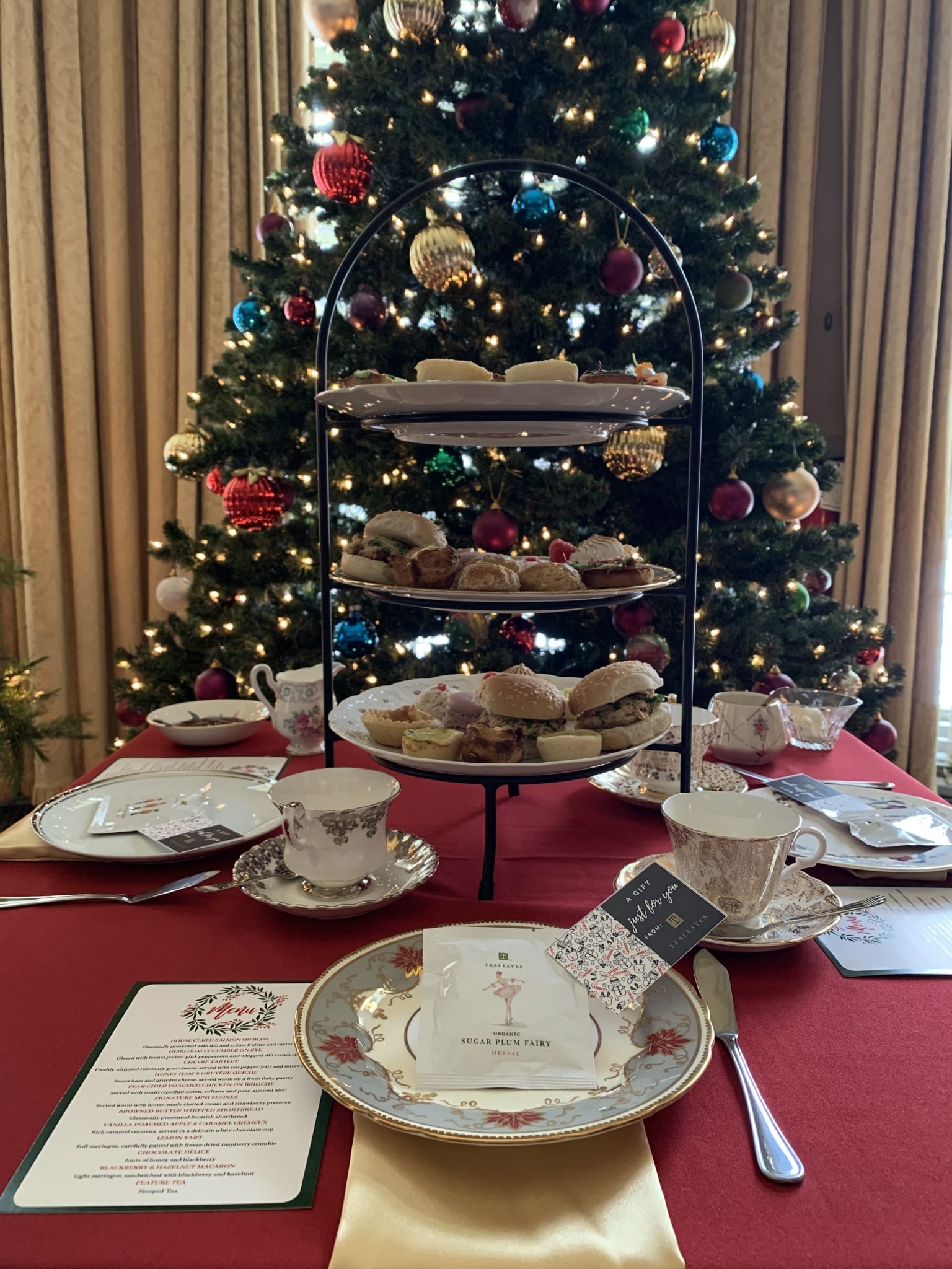 Christmas tiers in front of Christmas tea